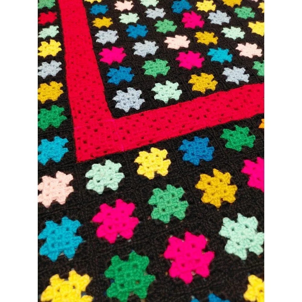Vtg 70s Granny Square Throw Afghan Multicolor‎ Stained Glass 